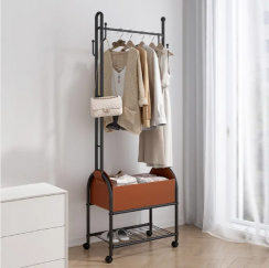 Metal Door Clothe Hanger Coat Rack Wiht Leather Storage Basket